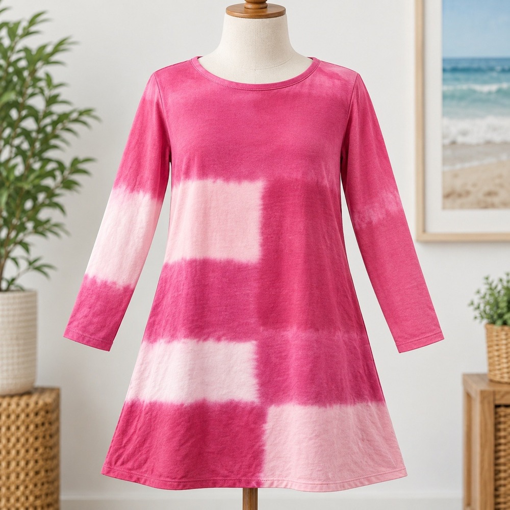 NWT LOGO Lori Goldstein Tunic Dress Womens LP Pink Tie Dye Block Long Sleeve